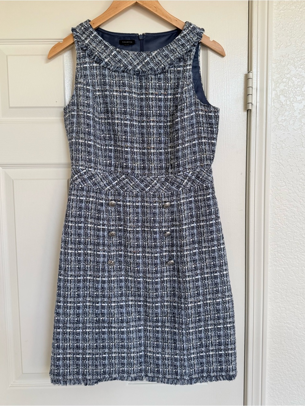 Talbots Blue Navy and White Tweed Sheath Dress Size 4